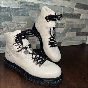 Lola Cruz Womens Combat Ankle Boots Ivory Studded Lug Sole US 8.5/9 EU 40 Biker